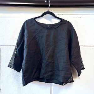 For Cynthia Linen Top Black Size Small Mesh Crochet Trim - 100% Linen